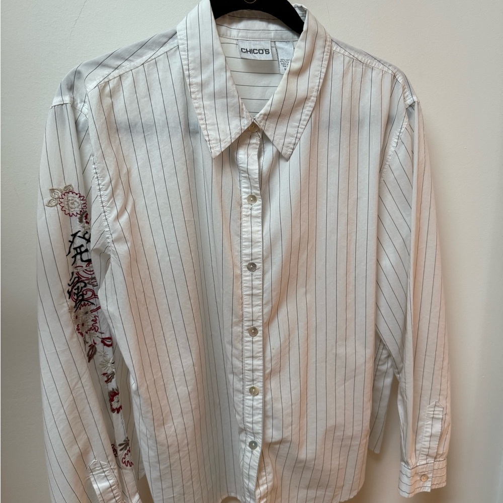 Chicos White Striped Cotton Embroidered Shirt — Size 3 (US 14)